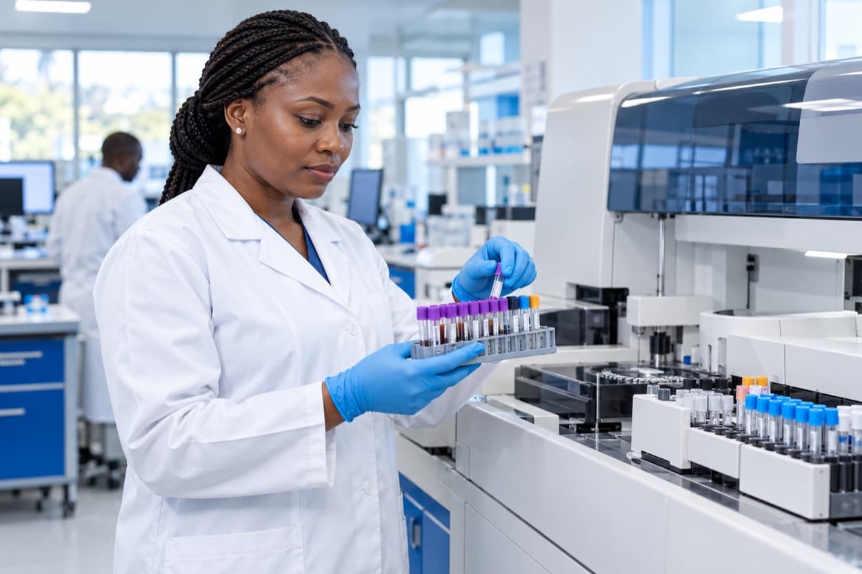Laboratory scientist reviewing sample tubes beside diagnostic equipment