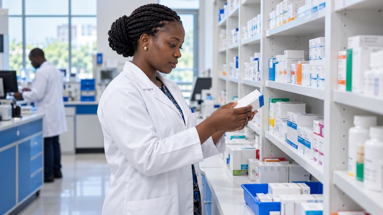 Hospital pharmacist reviewing medicine in a pharmacy
