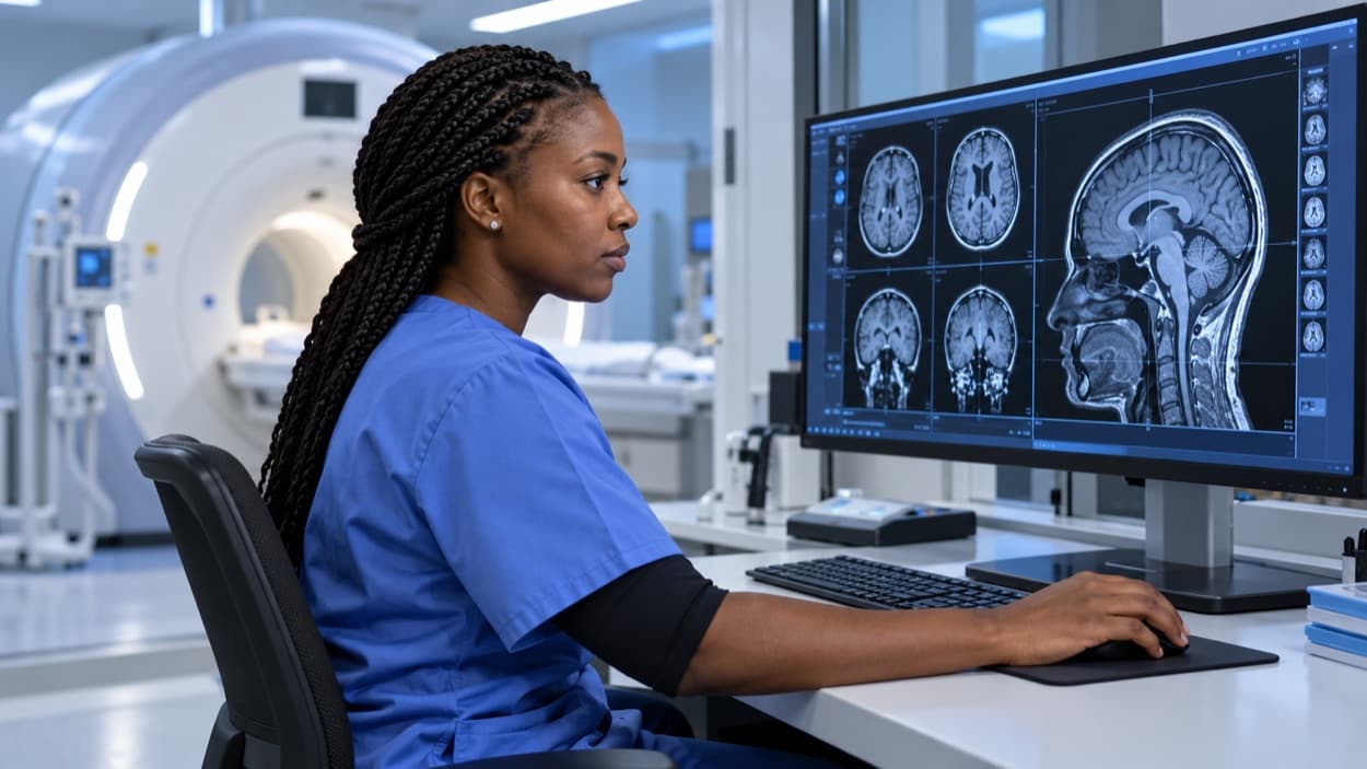 Radiology professional reviewing a scan in an imaging suite
