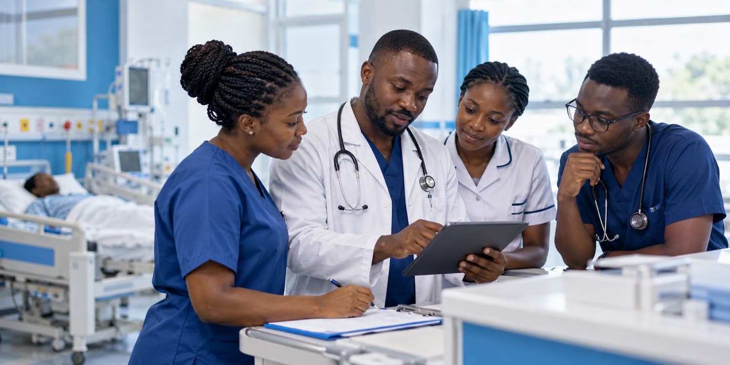 Doctors and nurses collaborating around a tablet in a hospital ward